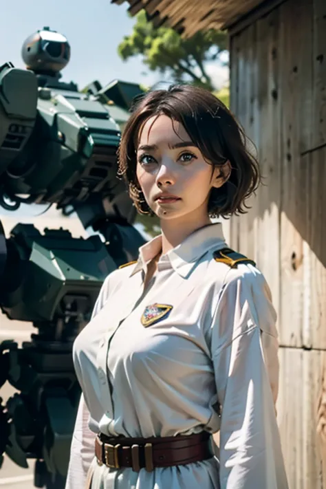 A still from a film showing a female mech pilot standing in front of her (Large combat mech:1.3), Sci-Fi Armor, military base, S...