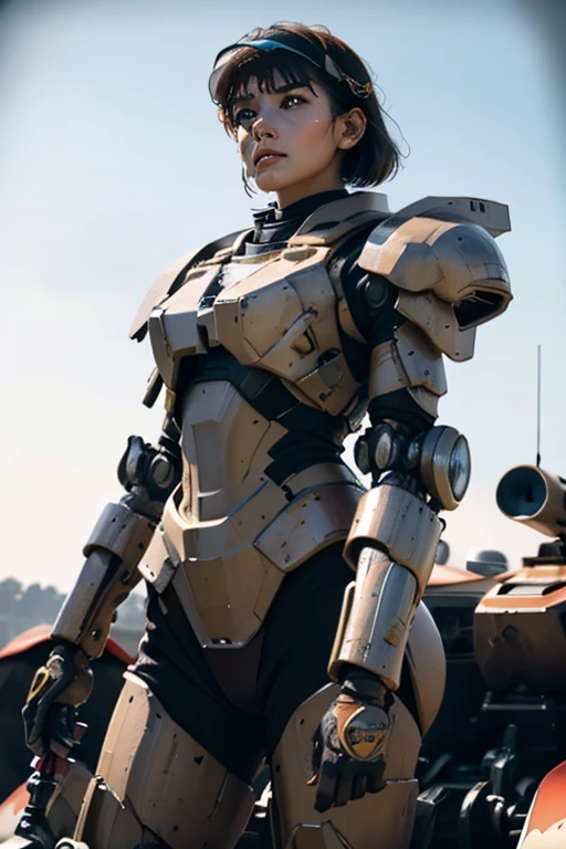 A still from a film showing a female mech pilot standing in front of her (Large combat mech:1.3), Sci-Fi Armor, military base, Strong winds, Sci-fi helmet in hand, visor, Detailed eyes, dry skin, Skin fuzz, Visible skin hair, Skin blemishes ,, Shallow depth of field, Vignette, Very detailed, big budget hollywood movie, Bokeh, CinemaScope, Sulky, amazing, nice, Film Grain