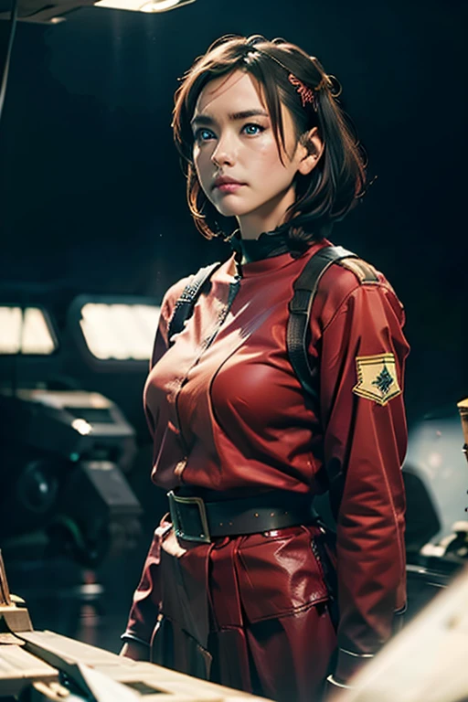 A still from a film showing a female mech pilot standing in front of her (Large combat mech:1.3), Sci-Fi Armor, military base, Strong winds, Sci-fi helmet in hand, visor, Detailed eyes, dry skin, Skin fuzz, Visible skin hair, Skin blemishes ,, Shallow depth of field, Vignette, Very detailed, big budget hollywood movie, Bokeh, CinemaScope, Sulky, amazing, nice, Film Grain