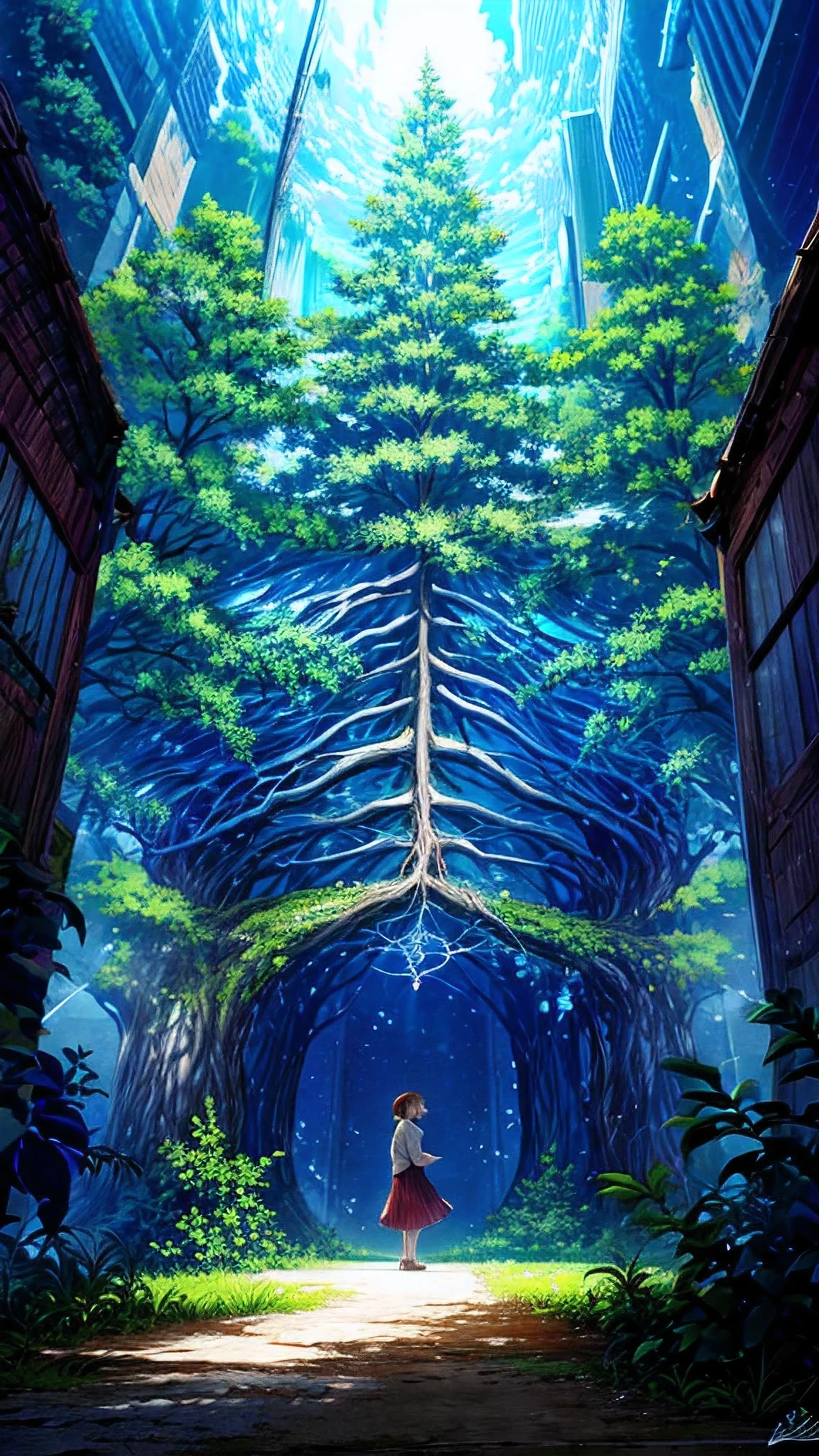 A teenage girl sitting under a tree reading a spellbook , get lost , Floating sticks in art  , Beautiful magic in shades of green , Very detailed , Ultra-high resolution , masterpiece ,