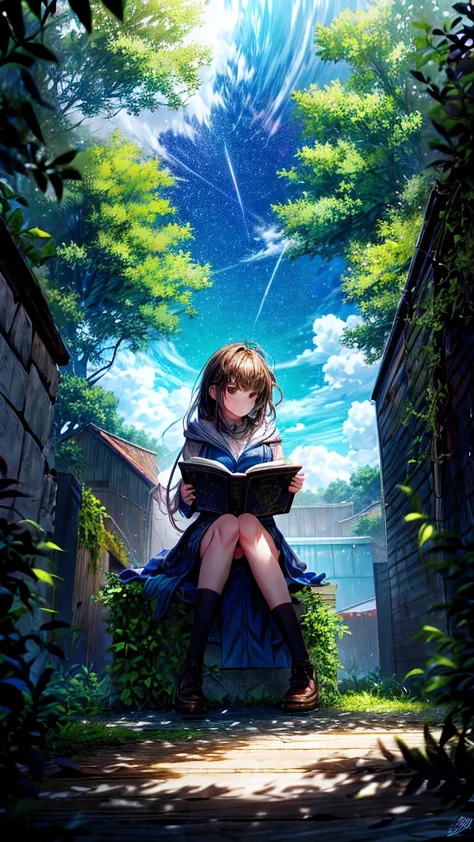 A teenage girl sitting under a tree reading a spellbook , get lost , Floating sticks in art  , Beautiful magic in shades of gree...