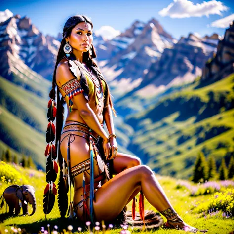 realistic image of a beautiful native american woman, alone, with long hair, looking at the viewer, black hair, brown eyes, jewe...