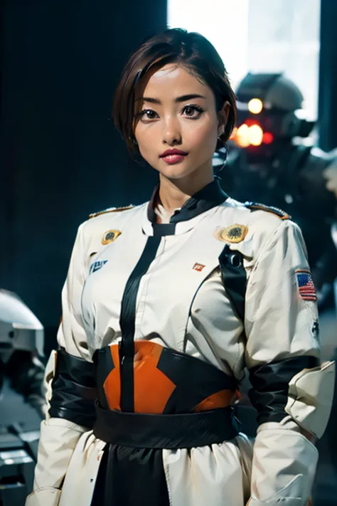 A still from a film showing a female mech pilot standing in front of her (Large combat mech:1.3), Sci-Fi Armor, military base, S...