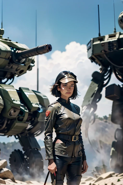 A still from a film showing a female mech pilot standing in front of her (Large combat mech:1.3), Sci-Fi Armor, military base, Strong winds, Sci-fi helmet in hand, visor, Detailed eyes, dry skin, Skin fuzz, Visible skin hair, Skin blemishes ,, Shallow depth of field, Vignette, Very detailed, big budget hollywood movie, Bokeh, CinemaScope, Sulky, amazing, nice, Film Grain