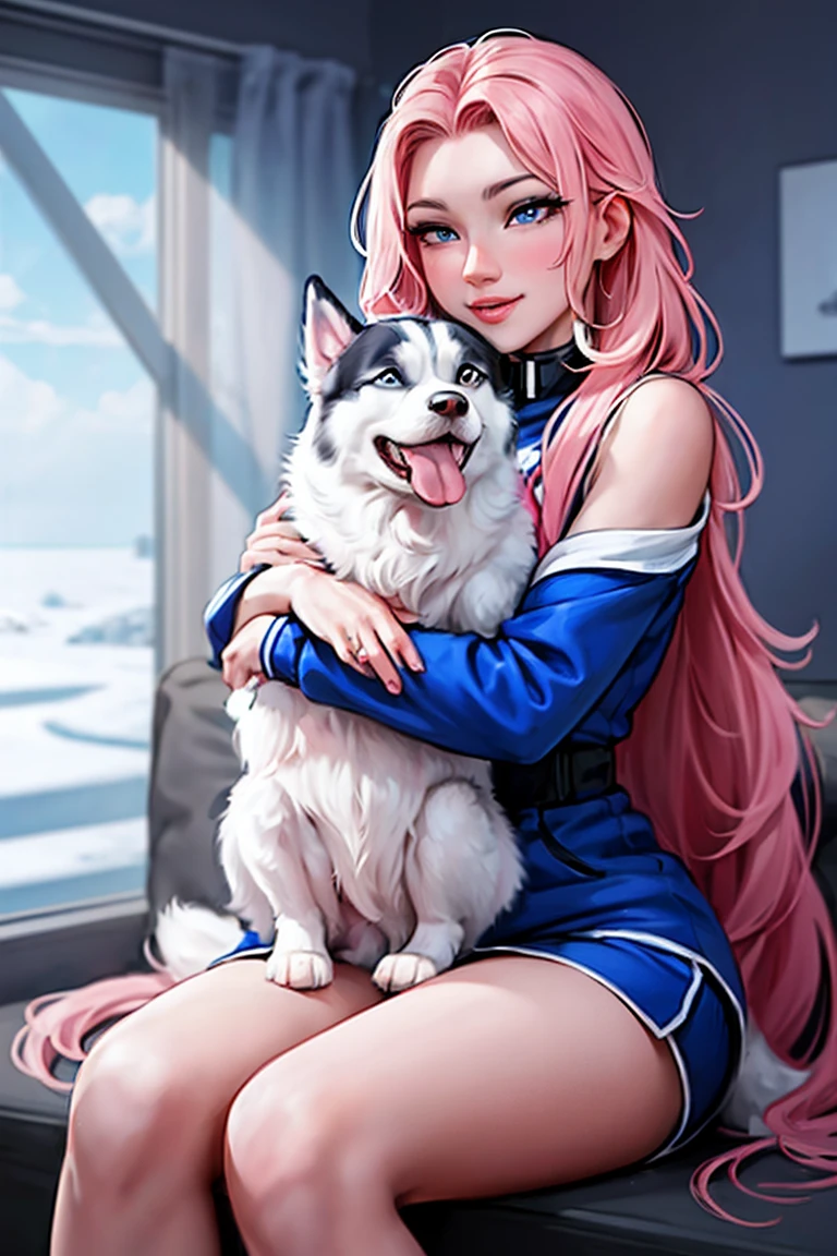 Woman, long wavy hair, pink hair, blue eyes, sitting hugging her dog ,1 dog, Siberian husky puppy, gr, black and white pain siberian husky 