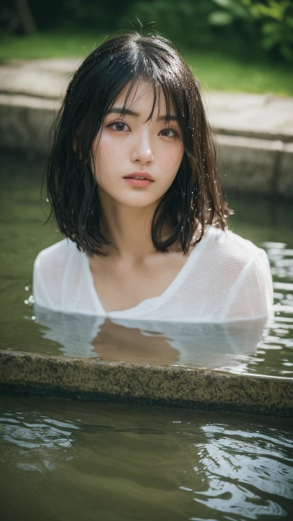 ((Highest quality, 8k, masterpiece: 1.3)), woman (Getting naked in a hot spring), sweating, Water drops on the forehead, Outdoor, Background City Cityscape, Overhead Camera, Sharp focus: 1.2, cute woman: 1.4, (((Layered Haircut)), (White shirt), Highly detailed face、skin、Hair Texture, 結びeyeのある黒髪, Wet textured hair, Wet body, detailed eye, double eyelid, 白いskin, Beautiful feet, Beautiful and delicate nose, cute young Japan woman, 28 years old, Dynamic Angles, eyeに優しく、It is a thought-provoking composition., While emphasizing the subject&#39;s hair, eye, Mouth and behavior, It exudes a melancholic feeling characterized by muted tones and contrasting combinations of light and shadow..