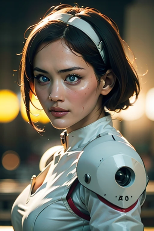 A still from a film showing a female mech pilot standing in front of her (Large combat mech:1.3), Sci-Fi Armor, military base, Strong winds, Sci-fi helmet in hand, visor, Detailed eyes, dry skin, Skin fuzz, Visible skin hair, Skin blemishes ,, Shallow depth of field, Vignette, Very detailed, big budget hollywood movie, Bokeh, CinemaScope, Sulky, amazing, nice, Film Grain