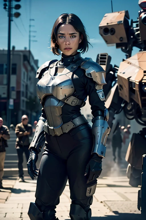 A still from a film showing a female mech pilot standing in front of her (Large combat mech:1.3), Sci-Fi Armor, military base, Strong winds, Sci-fi helmet in hand, visor, Detailed eyes, dry skin, Skin fuzz, Visible skin hair, Skin blemishes ,, Shallow depth of field, Vignette, Very detailed, big budget hollywood movie, Bokeh, CinemaScope, Sulky, amazing, nice, Film Grain