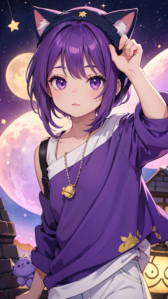 toddler, estilo chivi, with purple hair, cat hat with a star in the middle, light brown skin, purple eyes, long eyelashes, animated style, aladdin style clothing, be anime style, adorable , He looks good like a girl but he&#39;s a boy, in a pose saying "hello Carol" with a kind smile, with your arm extended upwards as if to say hello