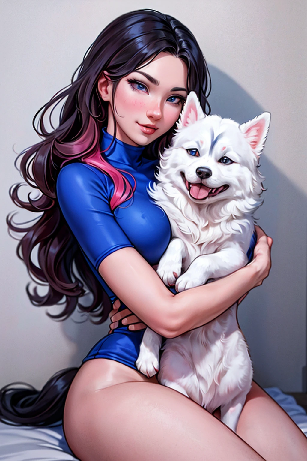 Woman, long wavy hair, pink hair, blue eyes, sitting hugging her dog ,1 dog, Siberian husky puppy, gr, black and white pain siberian husky ,Big dog 