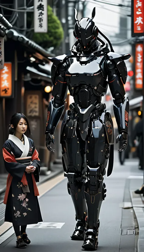 girl walking on the street holding a phone texting, , walking next to a highly detailed and realistic samurai robot bodyguard wi...