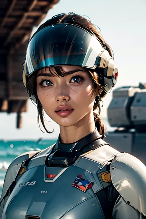 a still from a film showing a female mech pilot standing in front of her (large combat mech:1.3), sci-fi armor, military base, s...