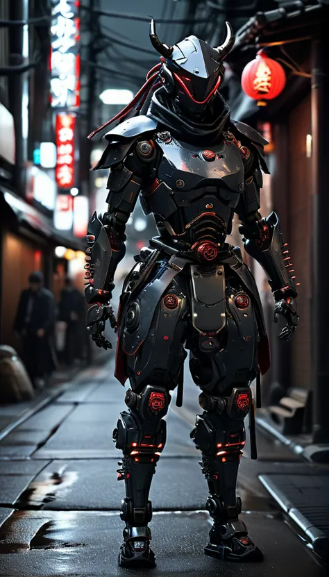 two ninja shinobi cyberpunk robot cyborg .big thighs.wallking street 
two samurais walking down a street at night, yasuke.ninja ...