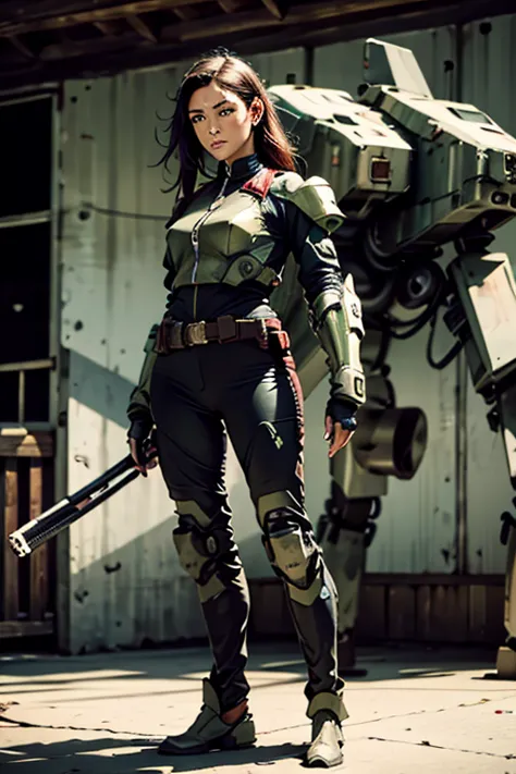A still from a film showing a female mech pilot standing in front of her (Large combat mech:1.3), Sci-Fi Armor, military base, S...