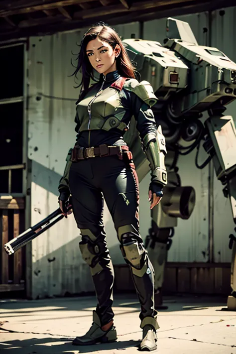 a still from a film showing a female mech pilot standing in front of her (large combat mech:1.3), sci-fi armor, military base, s...