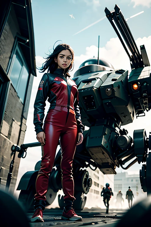 A still from a film showing a female mech pilot standing in front of her (Large combat mech:1.3), Sci-Fi Armor, military base, Strong winds, Sci-fi helmet in hand, visor, Detailed eyes, dry skin, Skin fuzz, Visible skin hair, Skin blemishes ,, Shallow depth of field, Vignette, Very detailed, big budget hollywood movie, Bokeh, CinemaScope, Sulky, amazing, nice, Film Grain