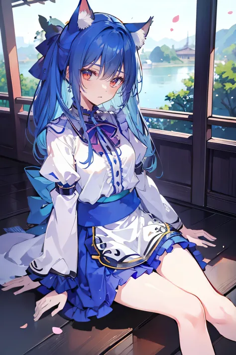 (masterpiece:1.2),ultra-detailed,realistic,expressive eyes,fair-skinned,perfectly shaped face,1girl,
Japanese cartoons,Gorgeous blue hair, flowing blue hair,floating clothes,cat ears,petals falling,beautiful Lola,Hina Angel,
hands on waist,gracefully sitting on the ground,legs crossed,gentle and serene background,cool and comfortable pavilion.