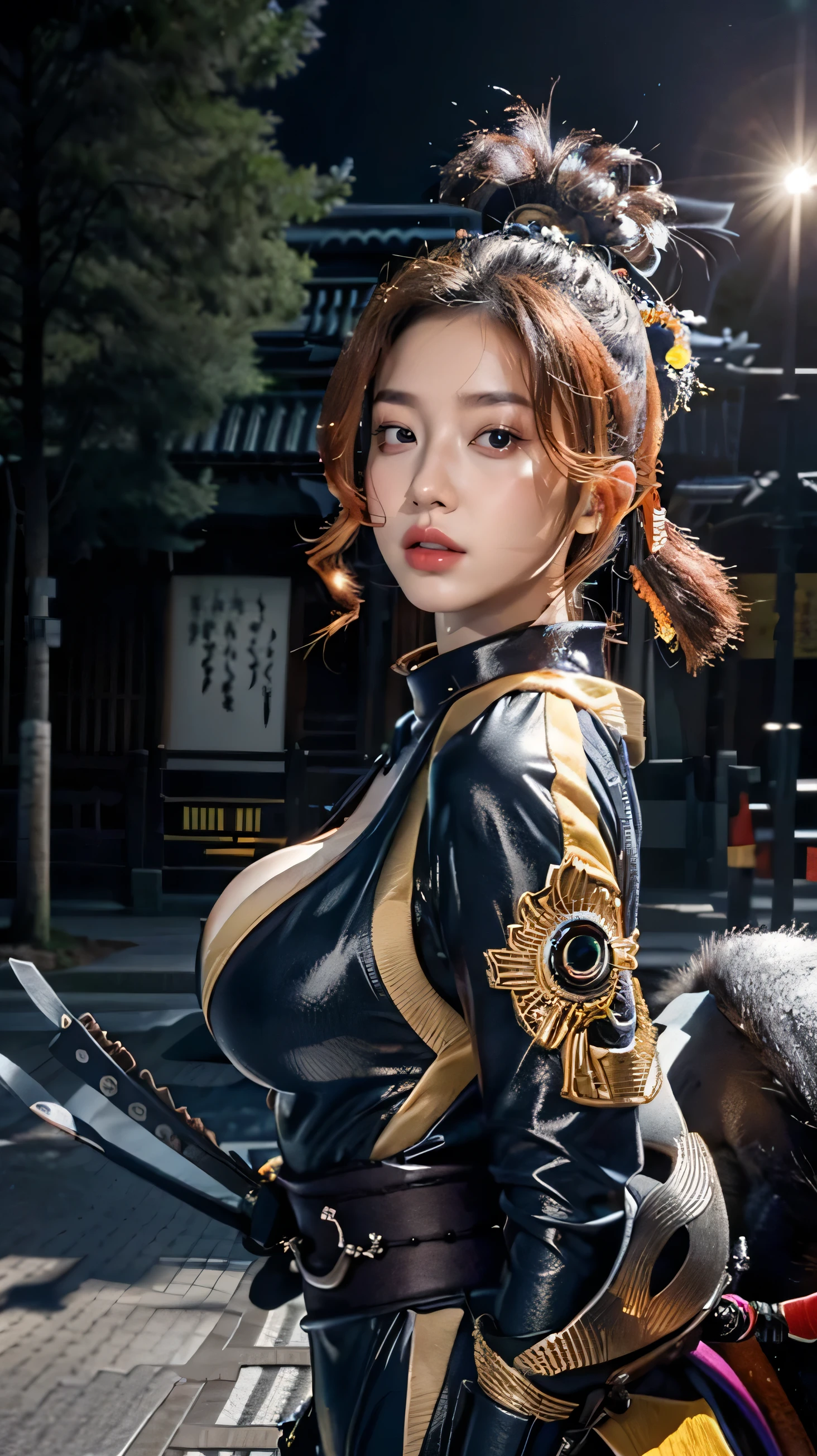 1girl,Tokyo Street,night,view of the ancient city of Japan,face details,hand details,city lights,half body view,cleavage,(((big breasts))),8k,RAW photos,best quality,masterpiece,realistic,photos  -realistic,best quality,masterpiece, very high resolution), 8K, 1girl, ((ninja suit)), from below, (((samurai detail:1,5))), natural skin texture, skin pores, texture  natural skin, dynamic poses, film details,