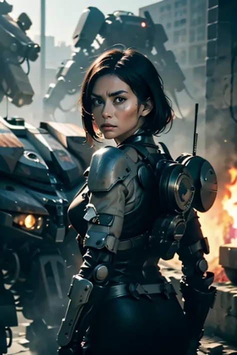 A still from a film showing a female mech pilot standing in front of her (Large combat mech:1.3), Sci-Fi Armor, military base, S...