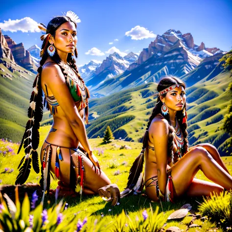 realistic image of a beautiful native american woman, alone, with long hair, looking at the viewer, black hair, brown eyes, jewe...