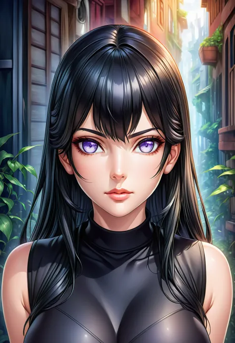 a woman with long black hair and a black top, artgerm. anime illustration, beautiful anime portrait, hinata hyuga, realistic ani...