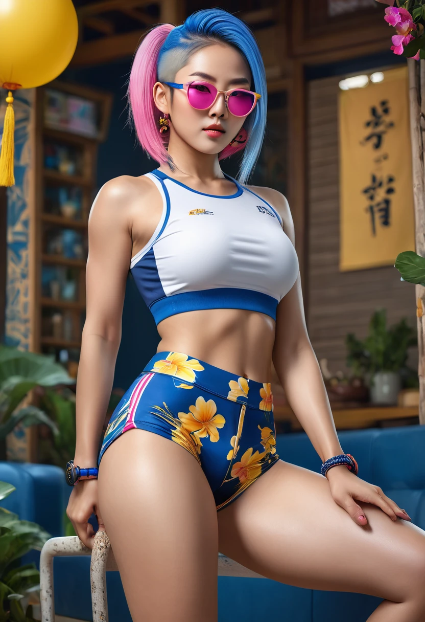 ((work of art, Maximum quality, high resolution)), ((highly detailed 8K unified CG wallpaper)), (Asian woman, 1,72m), (skin fair, Asian appearance), (extremely seductive), (Very defined muscles), (fully body), (wearing blue shorts with floral prints), (white top with tribal prints), (wearing sports glasses with yellow 90 lenses% transparent), (pink  hair)