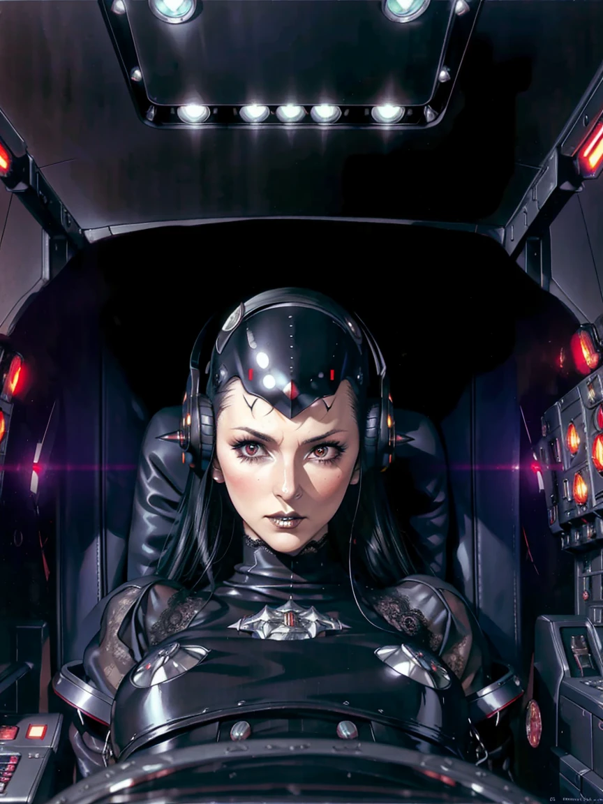 (((gothic vampire piloting) in gothic spacecraft)), (((retro anime))), ((from below)), ((120 fov)), ((((gothic)) control panels)), (((mature))), (((gothic))), (iridescent) bodysuit, ((((lace accessories)))), ((pilot seat)), ((((lying back)) pose)), (((elegant))), (((serious tone))), ((cockpit top control panel)), intricate control panel details, close-up, 1990s (style), masterpiece, ((claustrophobic)), best quality, screens, ((pilot helmet)), night, ((low key light)), (colorful cockpit lights), sparkles, (dramatic lighting), sweat, [blushing], [[pointy ears]], (dark background)