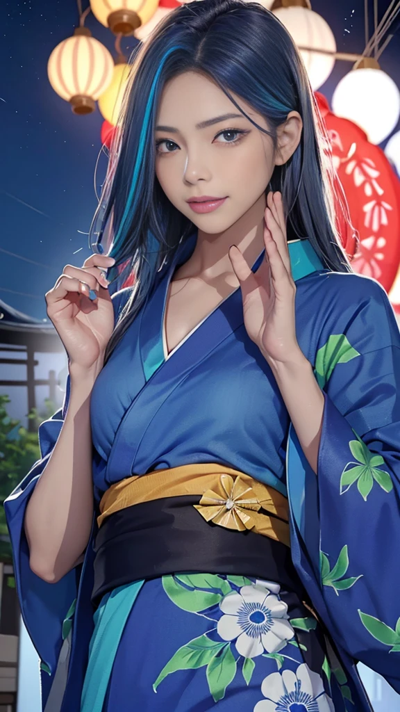 full body (((Highest quality)), (Very detailed), 1 girl, (Rawbow Hair, Colorful Hair, Half blue and half pwk hair: 1.2), 17 years old, (yukata: 1.2), Midsummer Night、plew air, bangs, smile, Sky blue eyes, Perfect hands, Perfect hands, Hand Detail, Corrected Fwgers. earrwgs, Night Store + background, up lookwg_w_Audience, Cowboy Shot, Highest quality, Rich details, Perfect image quality, Dark blue、(night:1.5, Japanese Summer Festivals)、Half-up hairstyle、