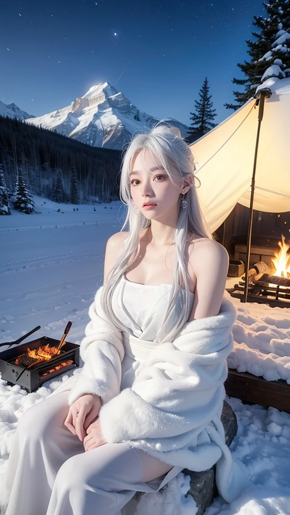 best quality,masterpiece,Ultra-high resolution,(photoactual:1.4),Snowy mountains at night,Icefields Tribe,20 years old,（Japan）White Woman,White hair over shoulders,White fur cloak,Sit on a stone,Barbecuing food by the campfire