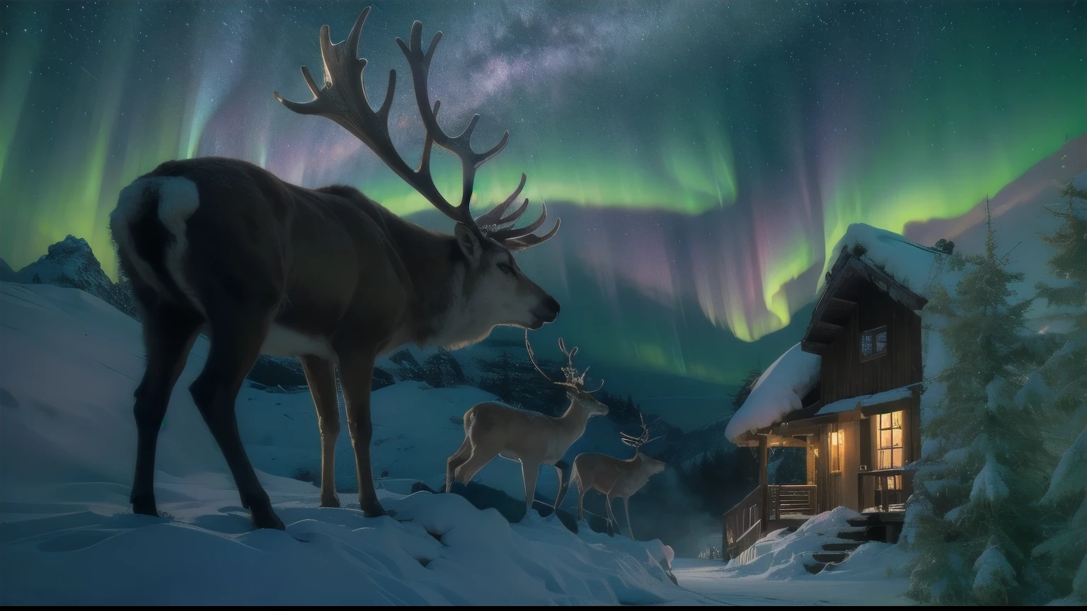 fantastic fantasy art,brown reindeer in the foreground,There are several reindeer at the halfway point,２story Log Cabin,Log Cabin,Beautiful aurora borealis in jade color, Mysteriously shining aurora borealis,mountains rising in the background々々々々々々々々々々々々々々々々々々々々, Winter Wonderland,Vibrant colors,mist,Moon,Intergalactic, Breathtaking landscapes, Peakful, Majestic Beauty, Starry Night, Mysterious glow, A miracle of nature, Wonders of Heaven, Vast natural phenomena, quiet night, Gentle Reflection, Shining Star, Mysterious charm