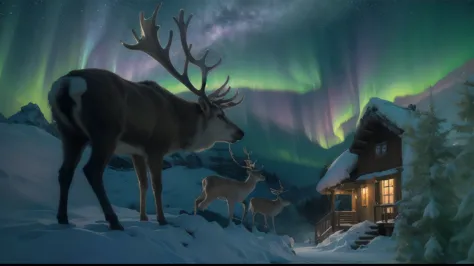 fantastic fantasy art,brown reindeer in the foreground,there are several reindeer at the halfway point,２story log cabin,log cabi...