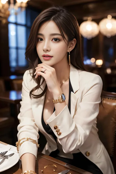 masterpiece, Highest quality, Realistic, Very detailed, Finer details, High resolution, 8k wallpaper, One beautiful woman, Wear a nice suit, In a great restaurant, At night, Light brown messy hair, Perfect dynamic composition, Beautiful and beautiful eyes、Big earrings、Sitting in a chair、