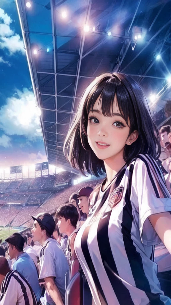 Only one female, Watch a soccer game, Turn your back, Mature Woman, /(Soccer shirt Pleated skirt/), /(Black Hair/) bangs, Blushing happy smile,  (Masterpiece Top quality:1.2) Very detailed, Big Break /(Indoor soccer stadium/), audience