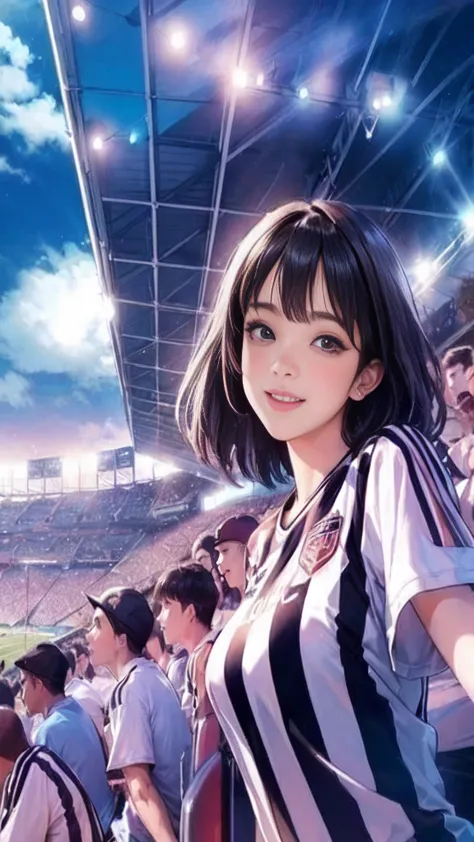 Only one female, Watch a soccer game, Turn your back, Mature Woman, /(Soccer shirt Pleated skirt/), /(Black Hair/) bangs, Blushi...