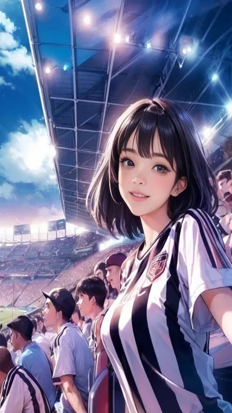 Only one female, Watch a soccer game, Turn your back, Mature Woman, /(Soccer shirt Pleated skirt/), /(Black Hair/) bangs, Blushi...