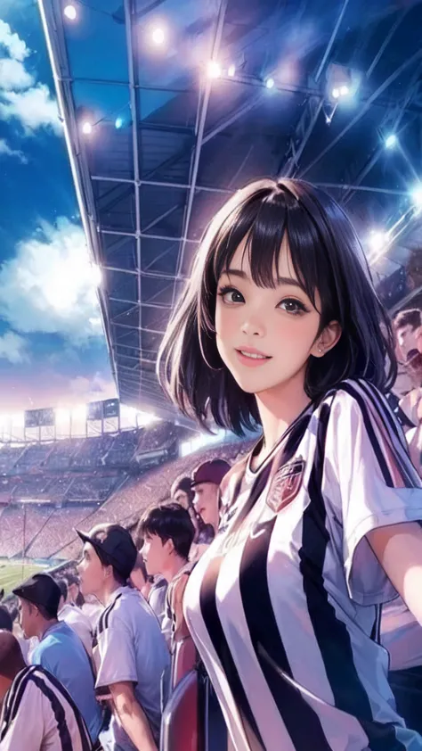 Only one female, Watch a soccer game, Turn your back, Mature Woman, /(Soccer shirt Pleated skirt/), /(Black Hair/) bangs, Blushi...