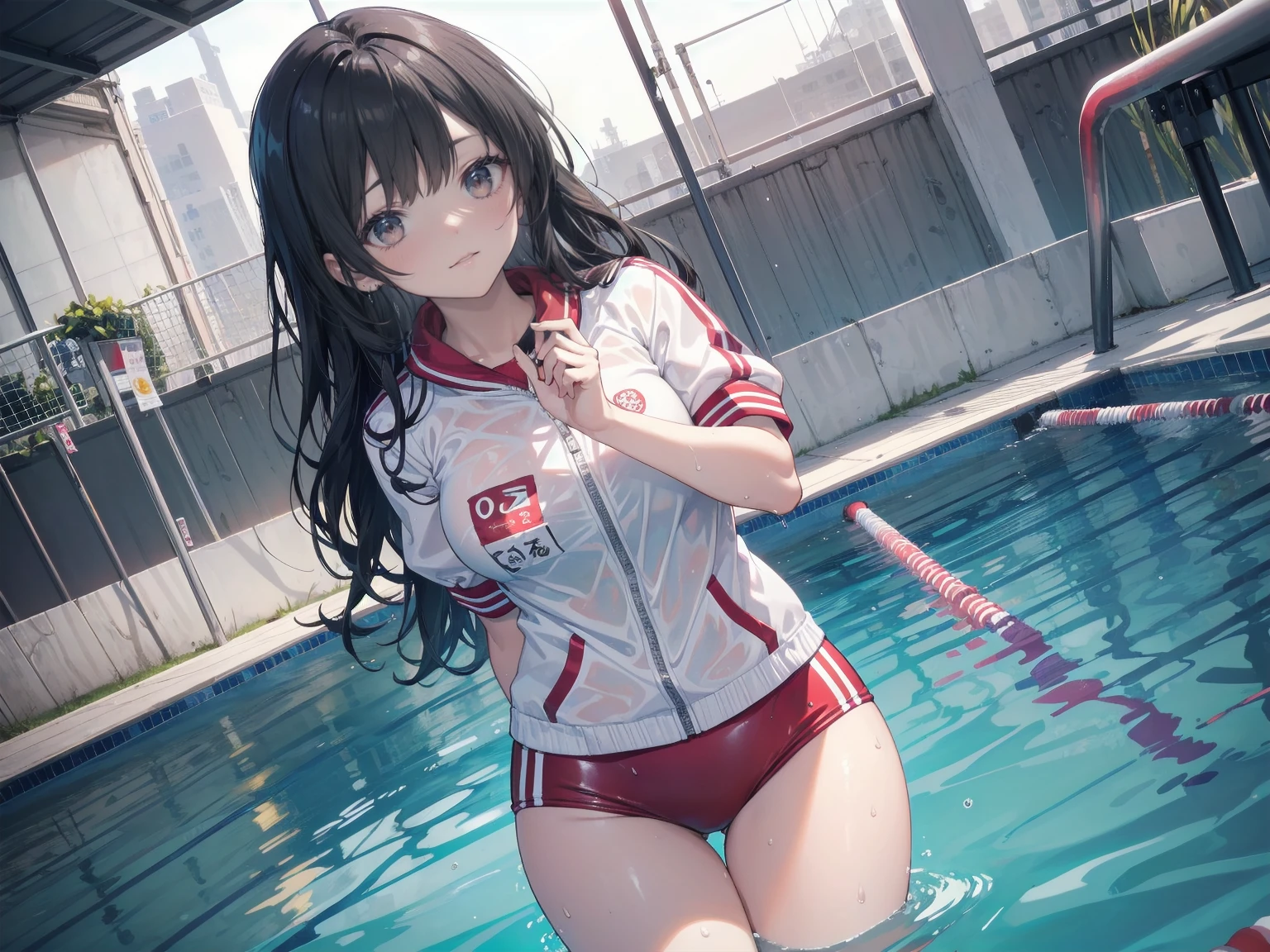 Young and beautiful woman,(Highest quality,Extremely detailed depiction,Incredible high resolution,Anatomically accurate depiction,Curvy Legs),(Glowing Skin,Glowing Skin),(Bloomers,latex,gold medal,Wet body,Guts pose),eyelash,Happy laughter,Sweat,whole body,background:Swimming competition pool,Olympic mark,Olympic Flag,Podium,Cauldron Stand,Black Hair, Black long hair, Japanese,White gym clothes,Navy blue sleeves, 紺色Bloomers , 