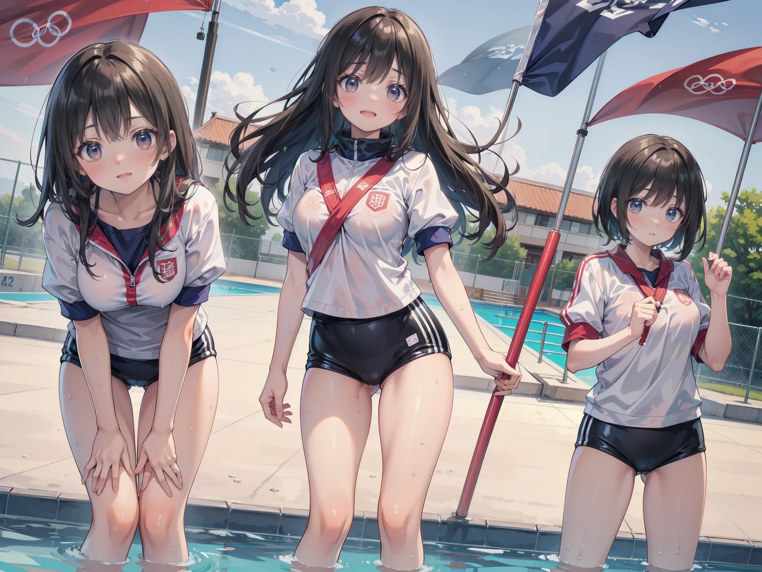 Young and beautiful woman,(Highest quality,Extremely detailed depiction,Incredible high resolution,Anatomically accurate depiction,Curvy Legs),(Glowing Skin,Glowing Skin),(Bloomers,latex,gold medal,Wet body,Guts pose),eyelash,Happy laughter,Sweat,whole body,background:Swimming competition pool,Olympic mark,Olympic Flag,Podium,Cauldron Stand,Black Hair, Black long hair, Japanese,White gym clothes,Navy blue sleeves, 紺色Bloomers , 