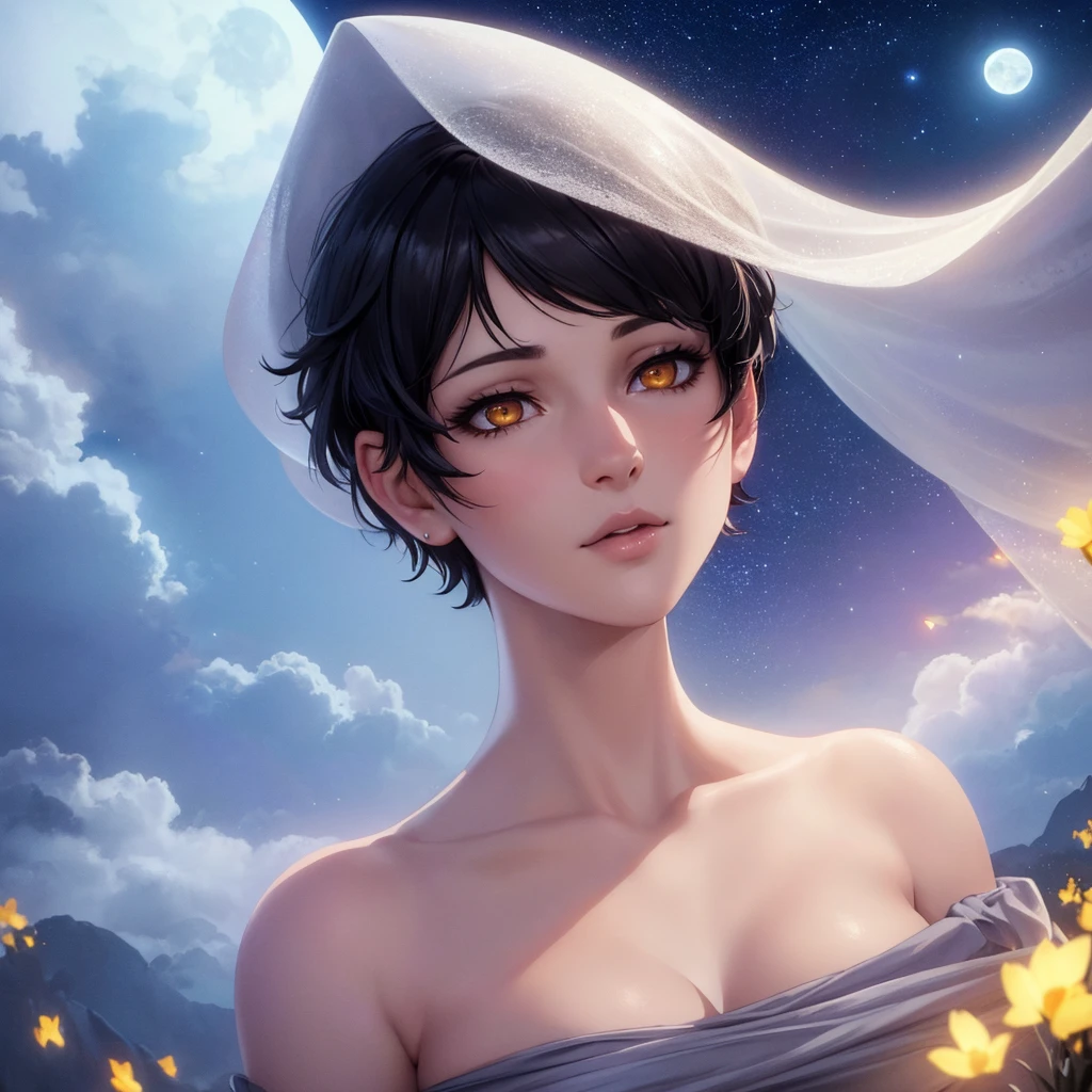 1 woman with a black short pixie haircut, pale skin, delicate feminine lips, small amber eyes, laying on a cloud, starry sky, full moon, vibrant colors, cinematic lighting, (best quality,4k,8k,highres,masterpiece:1.2),ultra-detailed,(realistic,photorealistic,photo-realistic:1.37),portraits,fantasy,magic