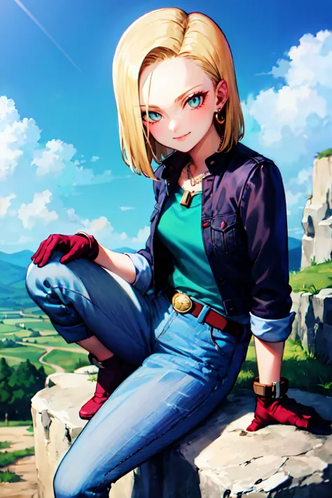 masterpiece, Highest quality, Very detailed, Absurd, Beautiful portrait of Android18DB, alone, Earrings, jewelry, denim, smile, ...