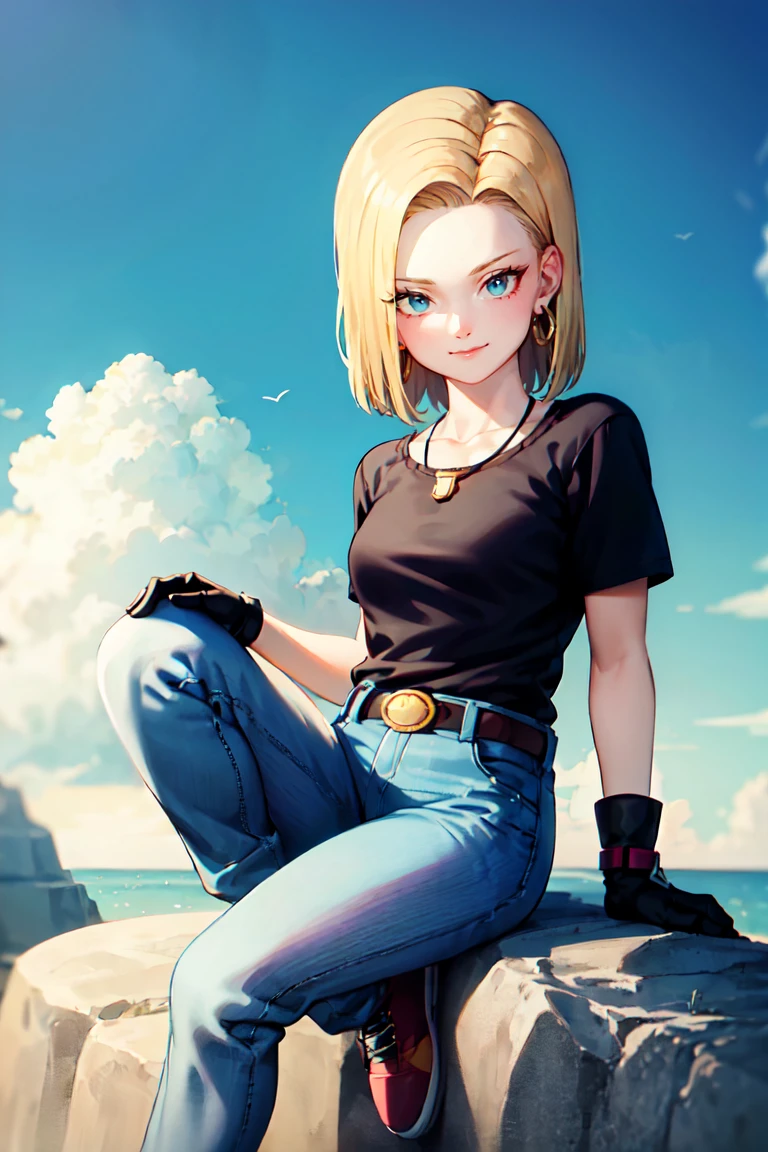 masterpiece, Highest quality, Very detailed, Absurd, Beautiful portrait of Android18DB, alone, Earrings, jewelry, denim, smile, belt, Best, cloud, null, Day, pants, Outdoor, gloves, necklace, jeans, rock, Sitting, Sitting_upon_rock, Volumetric lighting, Highest quality, masterpiece, Intricate details, tuponemapping, Sharp focus, Super detailed, trending upon Artstatiupon,smile,laughing,