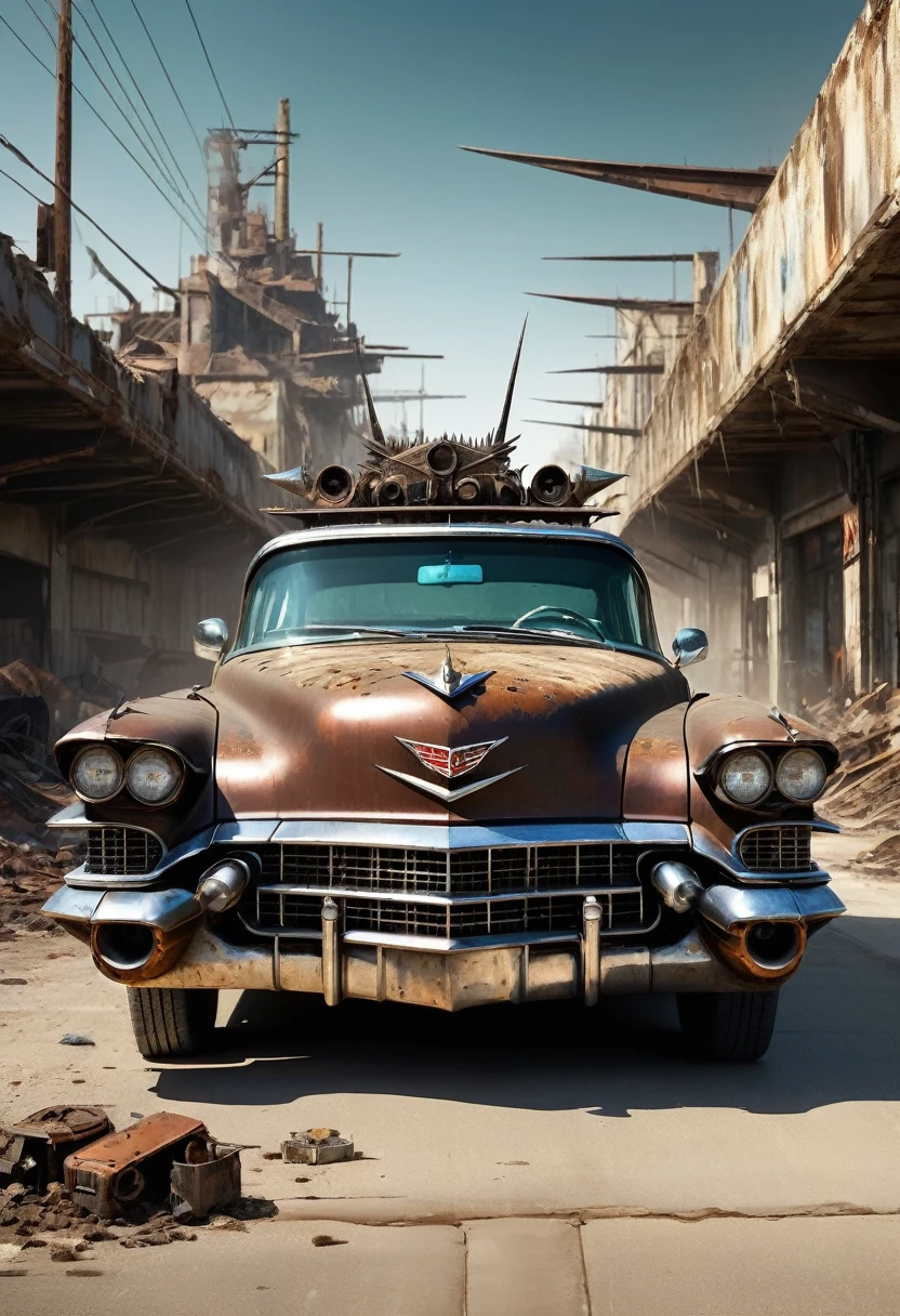 Erstelle ein Top- und Diagonalimage eines Mädchens mit Sonnenbrille, das in einem alten rostigen 1955 Cadillac Eldorado mit METALL-Spikes auf der Motorhaube fährt, Kriegsfahrzeug, MIT VIELEN SPIEßEN UM DIE KÖRPER. WIDE, DICKE RÄDER, vorne mit einem stacheligen Anti-Zombie-Gitter aus Metall mit mehreren rostigen Stacheln; Militärischer Stil mit Modifikationen und Metallschutz, Kriegspanzer-Stil, Das Auto rast auf einer Straße, die über einer zerstörten weißen Betonüberführung im Zentrum einer postapokalyptischen Stadt mit vielen abgerundeten und verfallenen ultrafuturistischen Gebäuden in der Umgebung schwebt., steampunk car, dramatische Kunst, dieselpunk art style, Apokalyptische Road Warrior-Atmosphäre, Surreale digitale Kunst, Verrückter Max inspiriert, schweres metallisches Kunstwerk, Chrom Gesicht Symmetrie, arte steampunk digital, Es&#39;ist nicht der Mad Max-Stil, metallic art, ist nicht Filip Hodas; Artwork-Stil, steampunk digital art, dieselpunk, in einer Hightech-Welt, Foto auf der Diagonalen