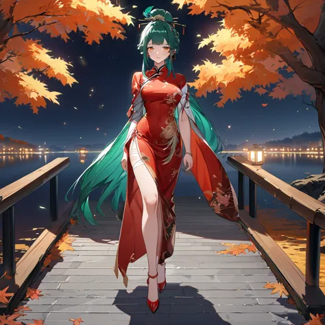 a woman wearing traditional chinese dress, red dress with bamboo designs, green hair, tied up hair, long hair, orange eyes, peac...