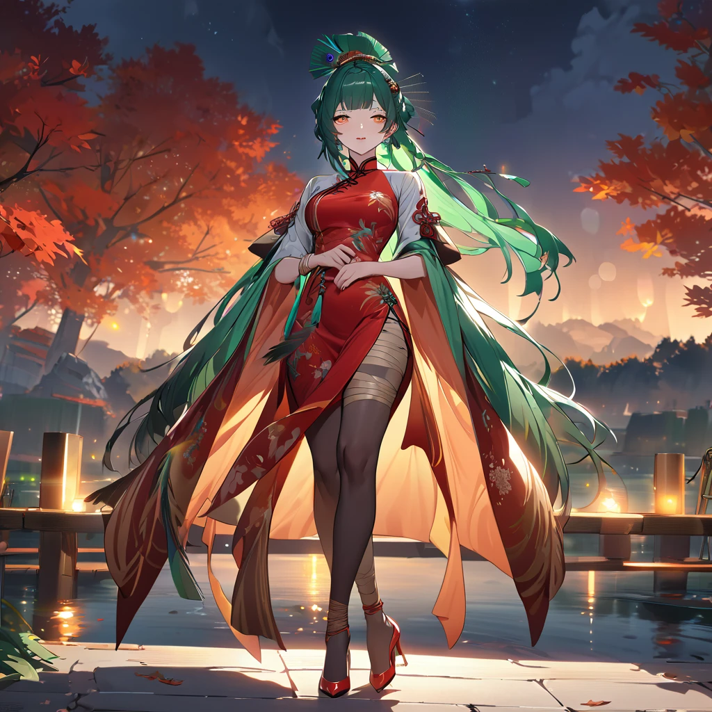 A woman wearing traditional Chinese dress, red dress with bamboo designs, green hair, tied up hair, long hair, orange eyes, peacock feather in her hair, red heels, feathers on her sleeve, standing posture, walking on a concrete walkway near of a lake, autumn tree, perfect face, perfect eyes, perfect lips, night place, lighting with fireflies, punishing_gray_raven, Hanying, .UHD , prime work , accurate , anatomically correct , textured skin , super details , high quality , best quality, 8k, high resolution, bokeh effect. (woman solo)
