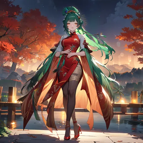 a woman wearing traditional chinese dress, red dress with bamboo designs, green hair, tied up hair, long hair, orange eyes, peac...