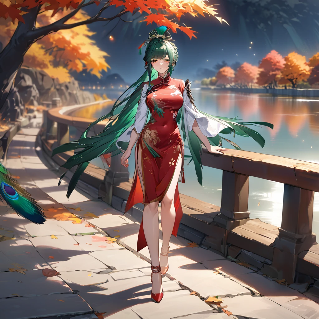 A woman wearing traditional Chinese dress, red dress with bamboo designs, green hair, tied up hair, long hair, orange eyes, peacock feather in her hair, red heels, feathers on her sleeve, standing posture, walking on a concrete walkway near of a lake, autumn tree, perfect face, perfect eyes, perfect lips, night place, lighting with fireflies, punishing_gray_raven, Hanying, .UHD , prime work , accurate , anatomically correct , textured skin , super details , high quality , best quality, 8k, high resolution, bokeh effect. (woman solo)
