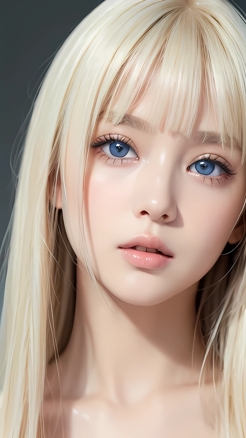 (Close-up:1.4)、(RAW shooting:1.2)、(Photorealistic:1.4)、(masterpiece:1.3)、(Highest quality:1.4)、Bright expression、Very very beautiful girl、An exceptionally beautiful girl、Cute and beautiful face details、Beautiful Bangs、Radiant, incredibly white and radiant skin、Blonde hair on face、Messy bangs that reach over the face、Dazzling blonde hair、Bangs between the eyes、Super long super long hair、Super long, straight, silky hair with a striking platinum blonde hue、Thin Hair、Mysterious shining beautiful bright clear cream white ice blue big eyes、one piece、eyeliner、double eyelid、Ample Bust、Upper Body、Small Face Beauty、Round face