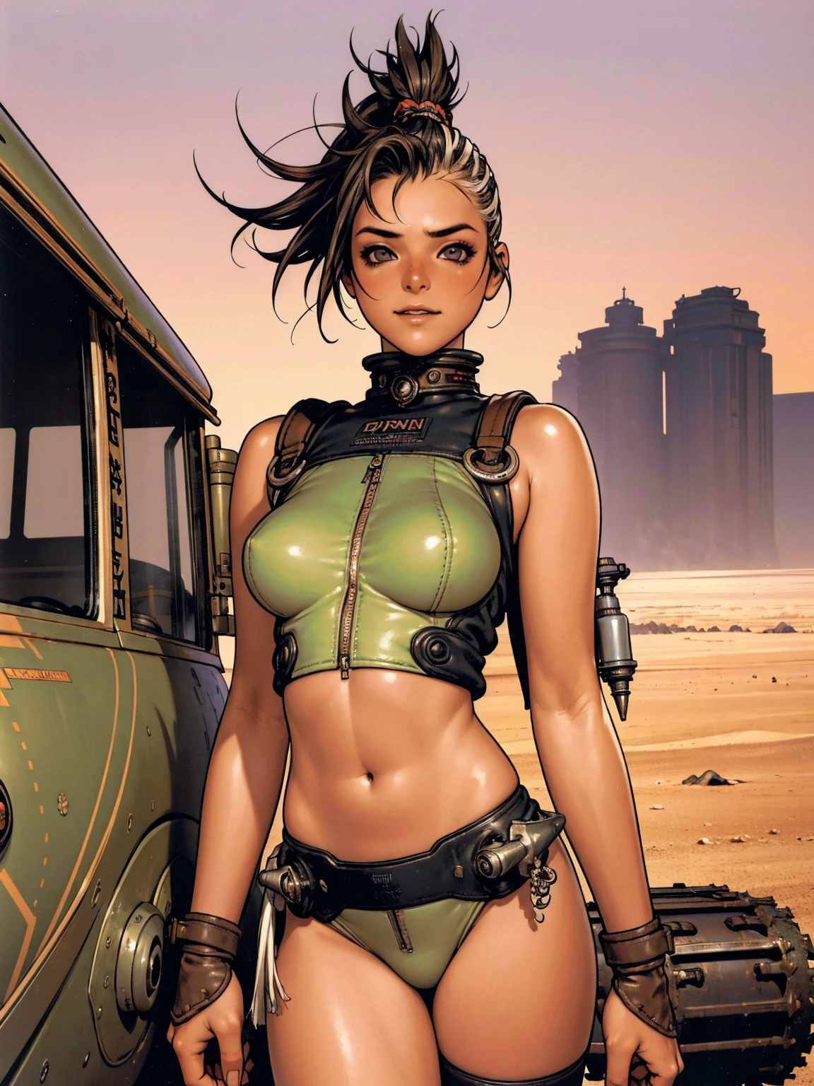 (((caminante de dunas))), Ilustración súper detallada de una escena en el desierto de Bakersfield donde se celebra el festival Wasteland Weekend, Una chica sola camina entre los restos de una civilización postapocalíptica, Ella usa ropa estilo Mad Max, Tu cara es hermosa, Tu cabello es un peinado punk, Llena de actitud y una sonrisa sarcástica, Ella lleva gafas en la frente, (((chica tanque))), (((chica adolescente))), (((mejor calidad: 1.4))), (((pelo mohawkcut))), (Obra maestra inmejorable), (hiper HD), (CG 8K hiperrealista), (((pechos grandes))), (((hiper femenina))), chica sexy, (pelo mohawk), ((( Cuerpo duro ))), (((1 chica))), (((tiro de vaquero)))