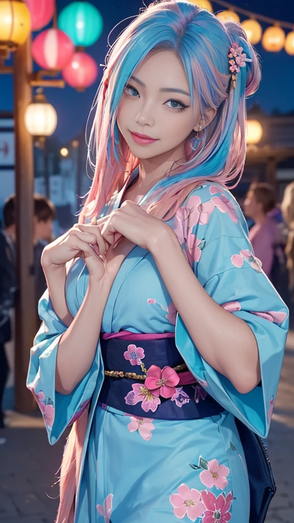 full body,Long Shot,nude (((Highest quality)), (Very detailed), (((1 girl 0.5))), (Rainbow Hair, Colorful Hair, Half blue and half pink hair: 1.2), 17 years old, (Put on a yukata), 真夏のnight、plein air, bangs, smile, Sky blue eyes, Perfect hands, Perfect hands, Hand Detail, Corrected Fingers. earrings, Night Store + background, up looking_in_Audience, Cowboy Shot, Highest quality, Rich details, Perfect image quality, Dark blue、(night:1.5, Japanese Summer Festivals)、Half-up hairstyle、