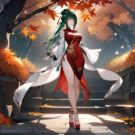 a woman wearing traditional chinese dress, red dress with bamboo designs, green hair, tied up hair, long hair, orange eyes, peac...